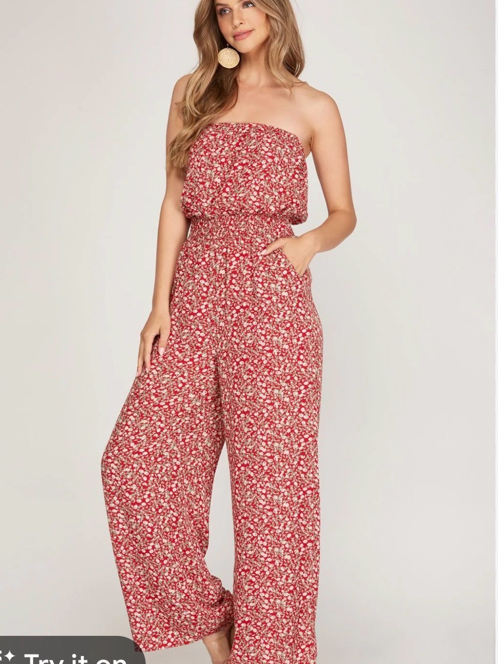 She + Sky Red Floral Strapless Maxi Dress